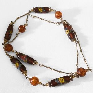 Very Long Floral Amber Lucite Necklace
